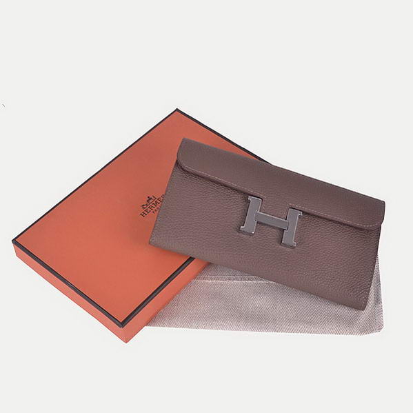 Cheap Fake Hermes Constance Long Wallets Khaki Calfskin Leather Silver